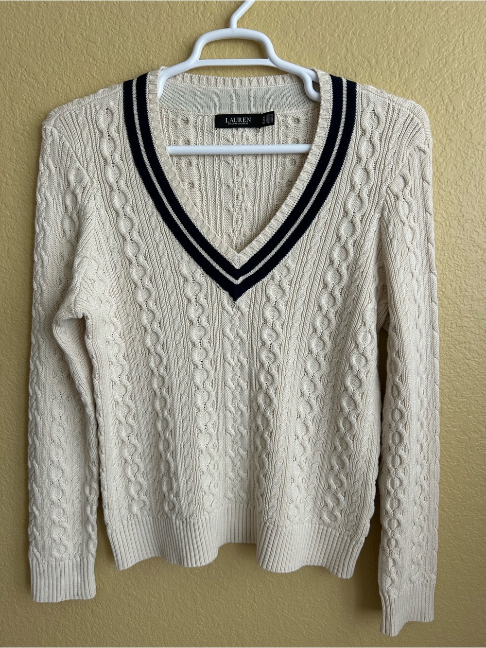 Lauren Ralph Lauren Cream Cable Knit V-Neck Cricket Sweater - Picture 2 of 9